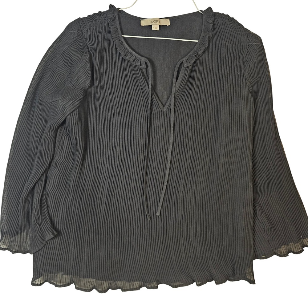 LOFT Black Pleated Ruffle V-Neck Tie Blouse Long Bell Sleeve Top Medium